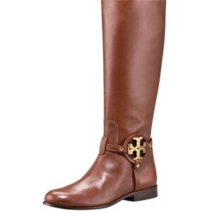 Tory Burch Aaden Riding Boots Cognac Leather Gold Logo Zip Closure Size 6M